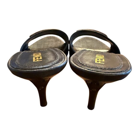 Fendi Zucca Slip On Sandals Size 36.5 Black Multicolor Logo Kitten Heels - Picture 5 of 12